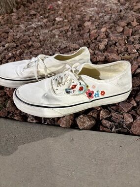 White Canvas Floral Embroidered Van Sneakers